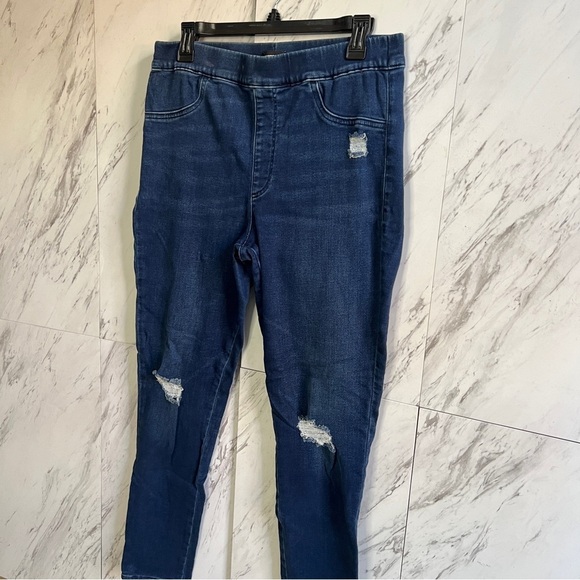 Express Skinny High Rise Stretch Dark Pull On Distressed Denim Jeans SZ 14 Long - Picture 2 of 5